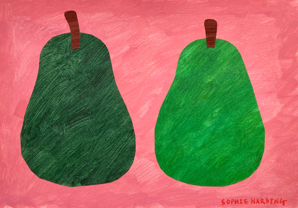 Sophie Harding painting of two green pairs of a pink background