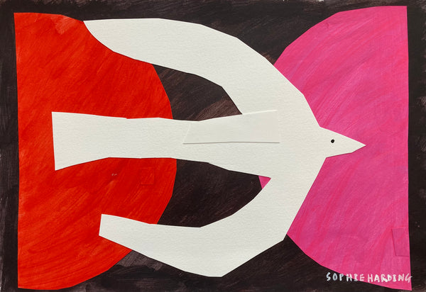 Picasso bird in white on pink and red by artist Sophie Harding