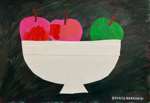 painting of white bowl on black background with red and green apples by artist Sophie Harding