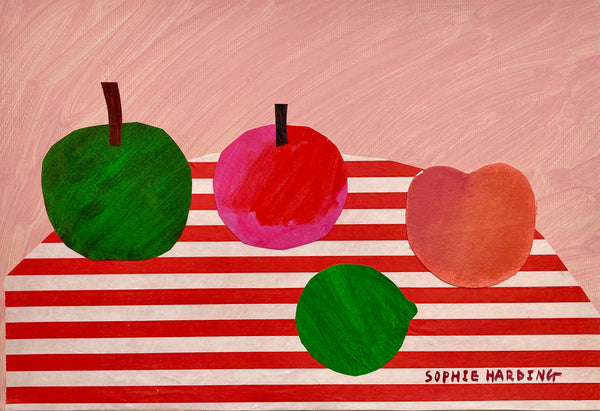 Sophie Harding collage and acrylic painting of red and green apples on a red and white striped tablecloth