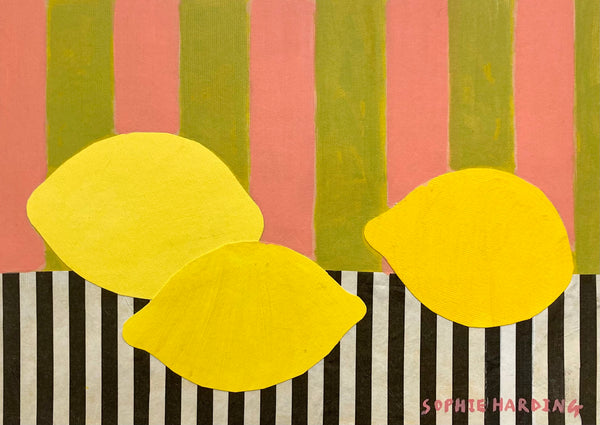 lemons on a stripy tablecloth by artist Sophie Harding