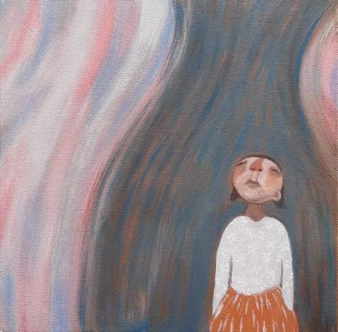 painting by Siobhan Purdy of a small girl looking upwards against an abstract background of pink and brown 