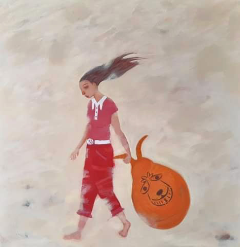 painting of girl dressed in pink with an orange space hopper toy 