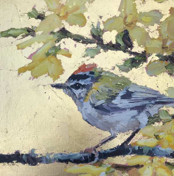 painting by Jill Hudson of gold crest bird on the branch of a tree against a gold background