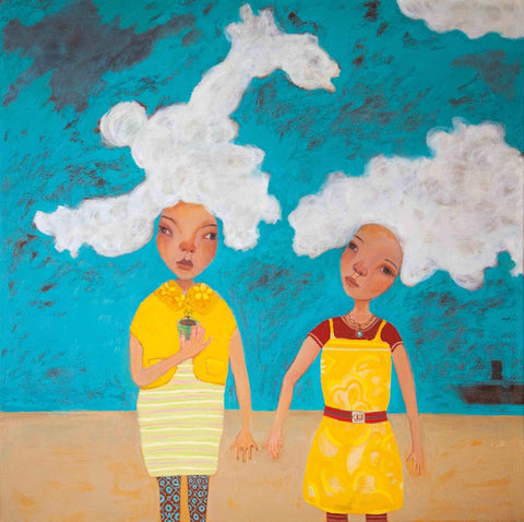 painting by Cornish artist Siobhan Purdy of two girls dressed in yellow against a blue background, their heads in fluffy clouds
