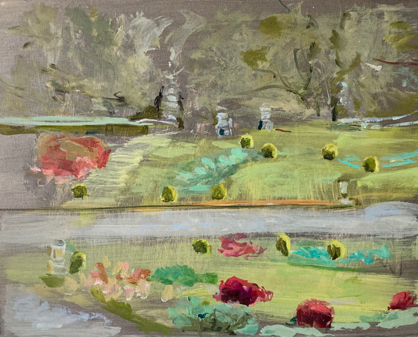 abstract painting by Katy Brown of formal garden with green lawn, lake  and red and yellow shrubs 