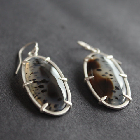 Silver earrings with large brown and blue agate stones 