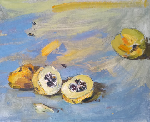 painting of quinces on a blue background by Cornwall artist Jill Hudson at the Byre Gallery 