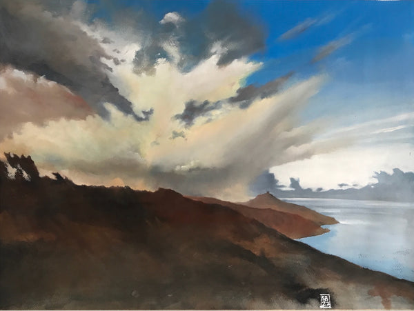 painting by Steven Buckler of dramatic sky over Cornish coast