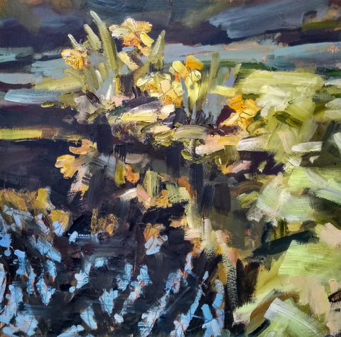 Abstract painting of yellow flowers reflected in a pond by Cornwall artist Jill Hudson at the Byre Gallery 