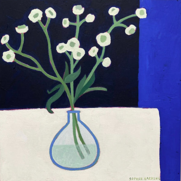 Sophie Harding painting of a vase of white flowers on a table with a blue background 