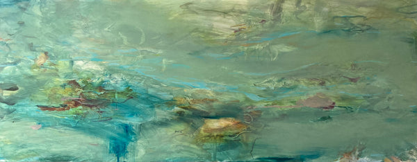 abstract painting by Katy Brown in turquoise, yellows and blue