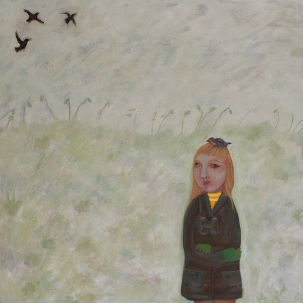 Siobhan Purdy painting of a girl with long blonde hair dressed in a green coat with binoculars around her neck and a small bird on her head