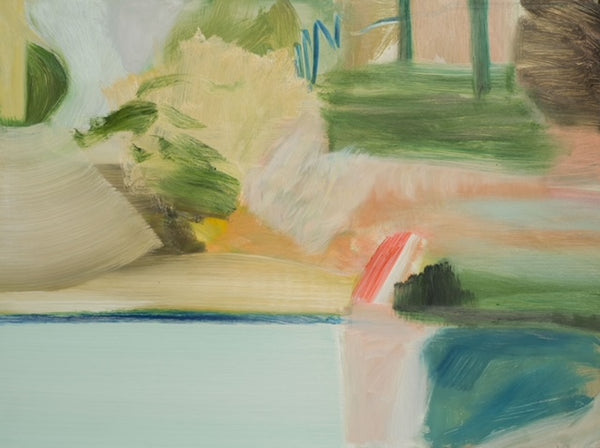 Abstract Heath Hearn painting in pastel shades suggesting a river and a garden