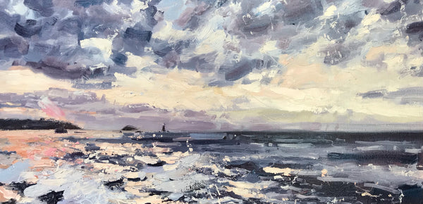Jill Hudson painting of Plymouth Sound in muted shades of pink and grey