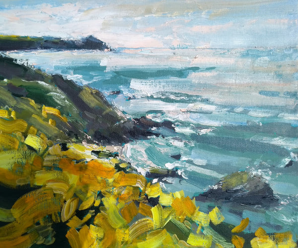 Painting of Rame Head in south east Cornwall but Jill Hudson with yellow and orange flowers in the foreground and a turquoise sea