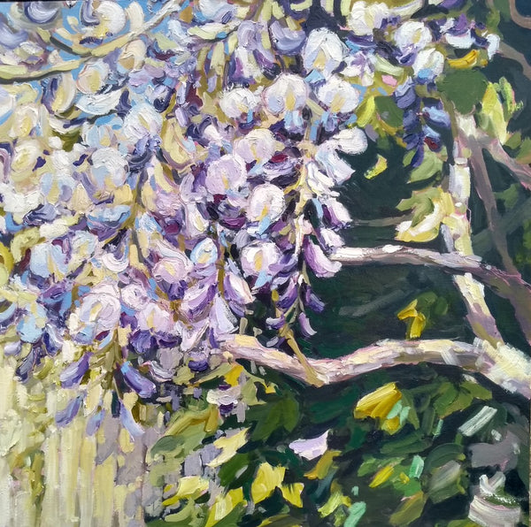 Jill Hudson painting of a wisteria tree in full bloom