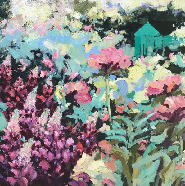 Jill Hudson painting of pink and blue flowers in a garden 