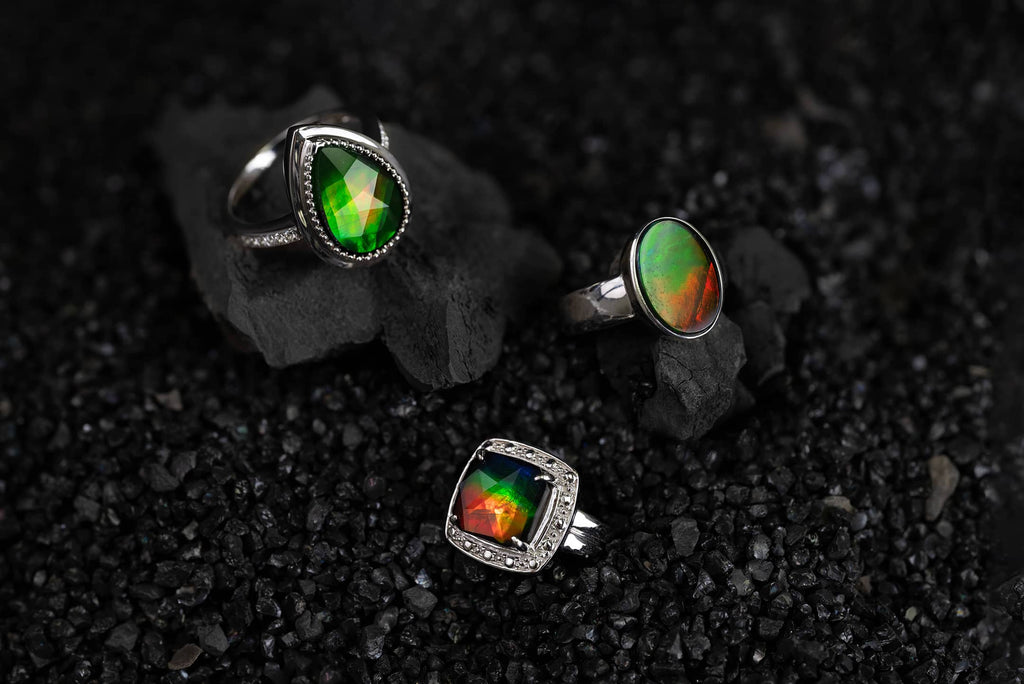 Sterling Silver Rings with Ammolite Gemstones