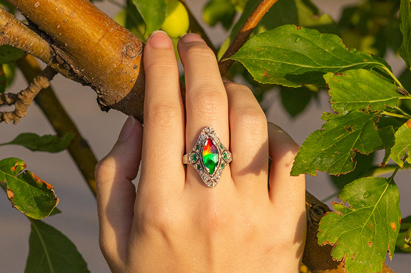 KORITE Canadian ammolite | Sterling Silver Ring with Tourmaline Accents