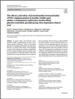 The efficacy and safety of β-nicotinamide mononucleotide (NMN) supplementation in healthy middle-aged adults: a randomized, multicenter, double-blind, placebo-controlled, parallel-group, dose-dependent clinical trial