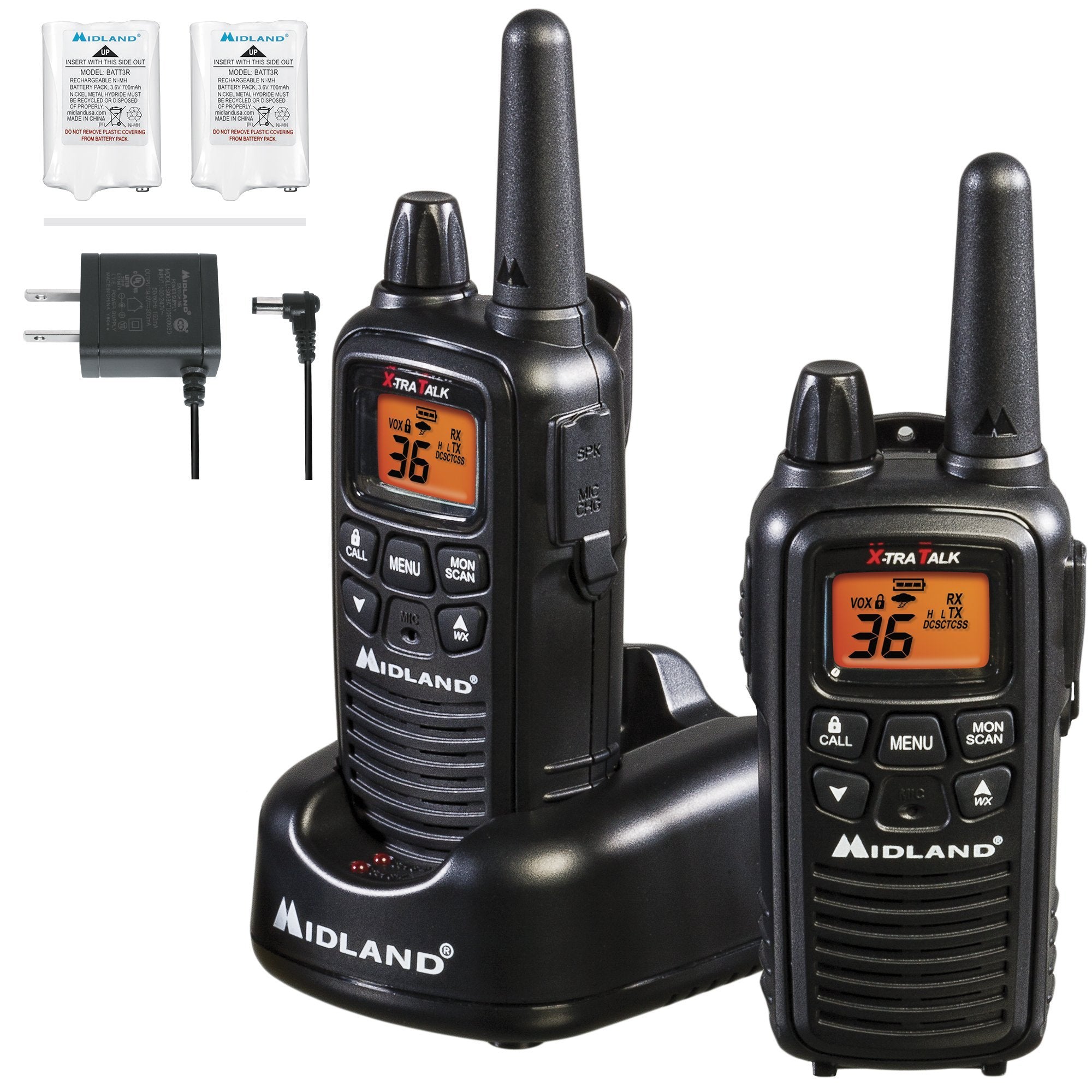 2 WALKIE TALKIE MIDLAND LXT500 CON PINGANILLOS + CARGADOR+TRANSFORMADOR  220V