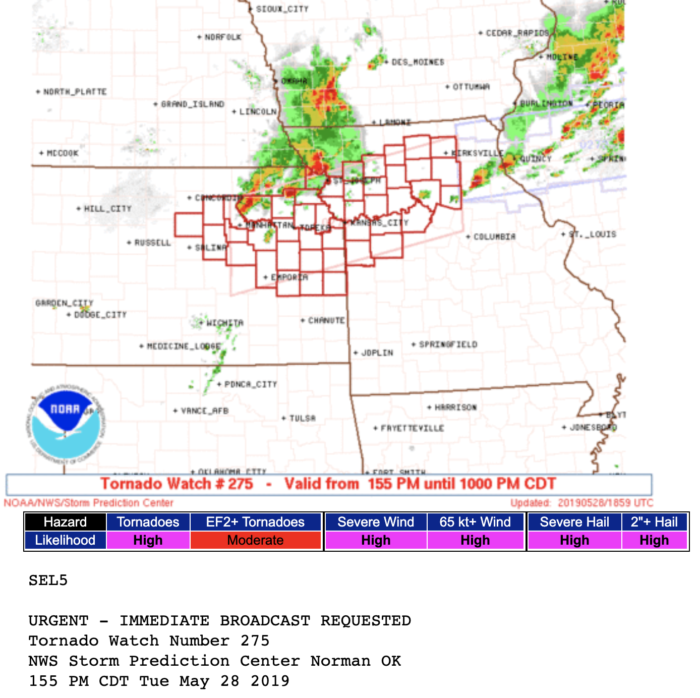 National Weather Service Tornado Watch Kansas City - May 28, 2019