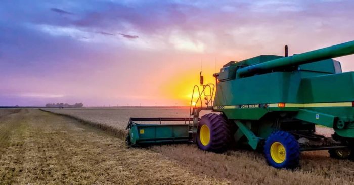 green john deere combine harvesting wheat during a colorful sunset