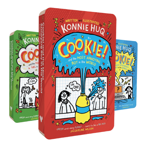 An image of the front covers of three audiobooks in Konnie Huq's Cookie series. In the front is Cookie and the Most Annoying Boy in the World. Behind it are Cookie and the Most Annoying Girl in the World, and Cookie and the Most Mysterious Mystery in the World.