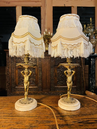 Antique Pair of Classical Cherub Table Lamps With White Marble Plinth –  Recondite Antique Lighting
