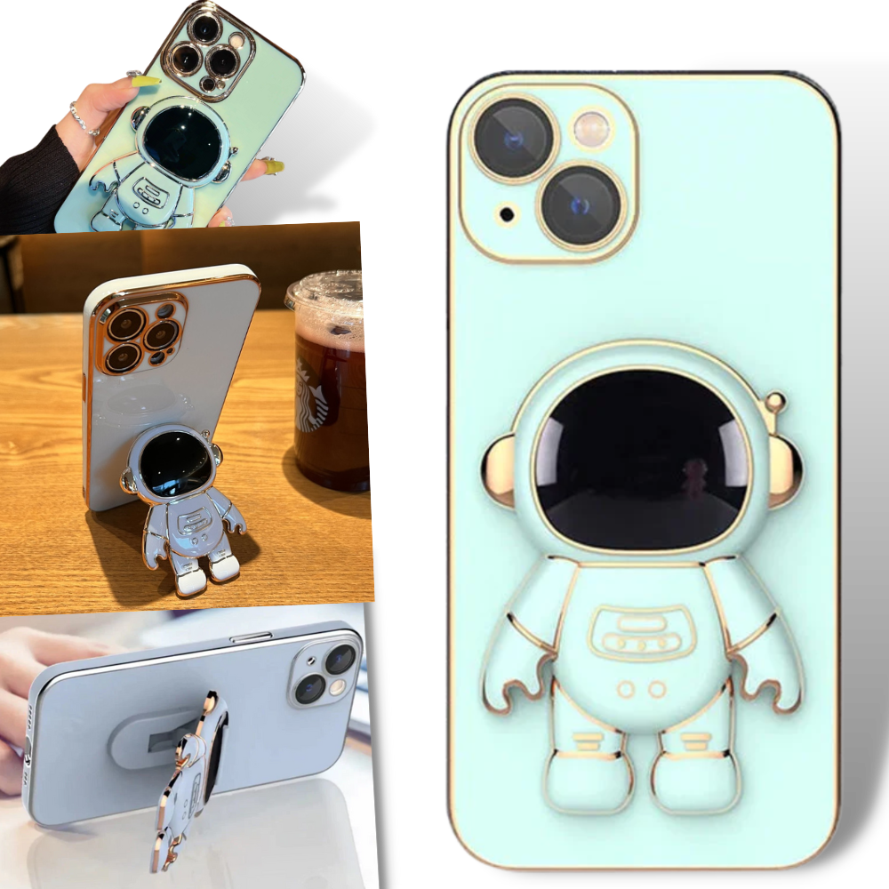 Unique Full-coverage Astronaut Phone Case - 3D Plating Astronaut Hidden Stand iPhone Case Cover - Luxury 3D Silicone Phone Case for iPhone - 