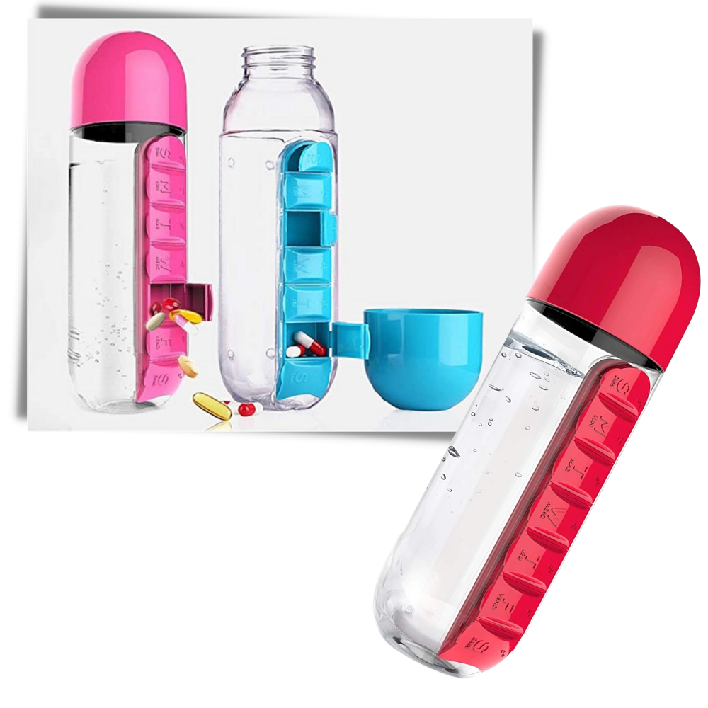 Plastic Water Bottle with Pill Box - Unique Design - 