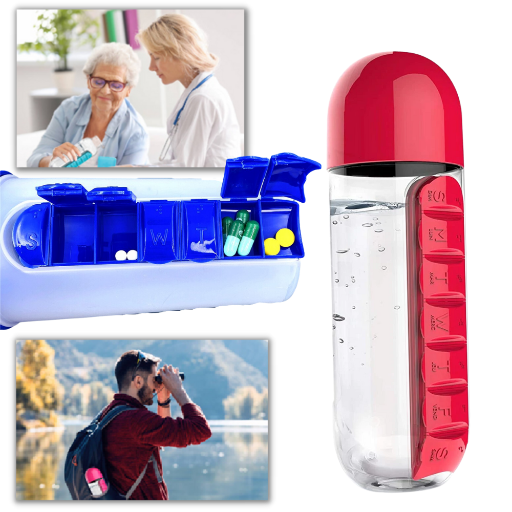 Water Bottle with Pill Holder - Plastic Water Bottle with Pill Box - Leak-proof Water Bottle with Pillbox - 