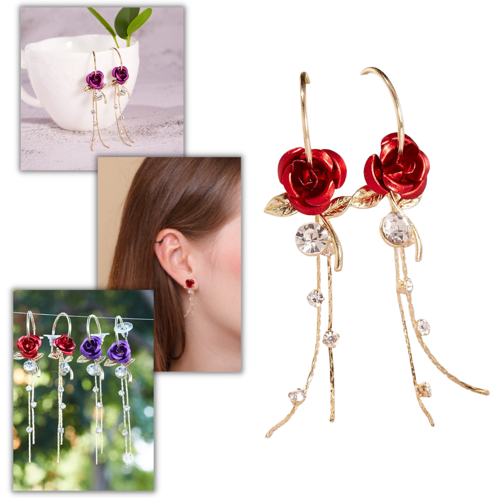 Rose Drop Earrings - Rose Tassel Drop Earrings - Delicate Rose Earrings -