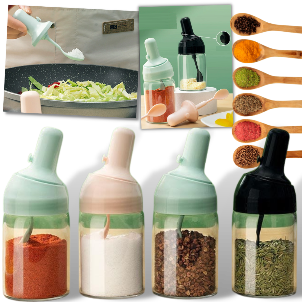 Seasoning Dispenser Jar - Seasoning Box With Retractable Spoon - Moisture-proof spice Jar with lid -