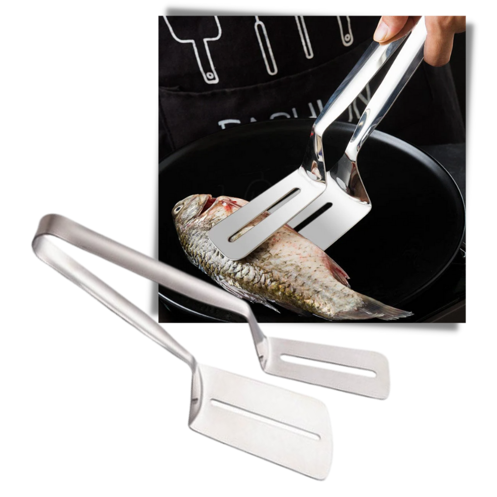 Stainless steel spatula and tongs - Makes it easy to turn food - Ozerty