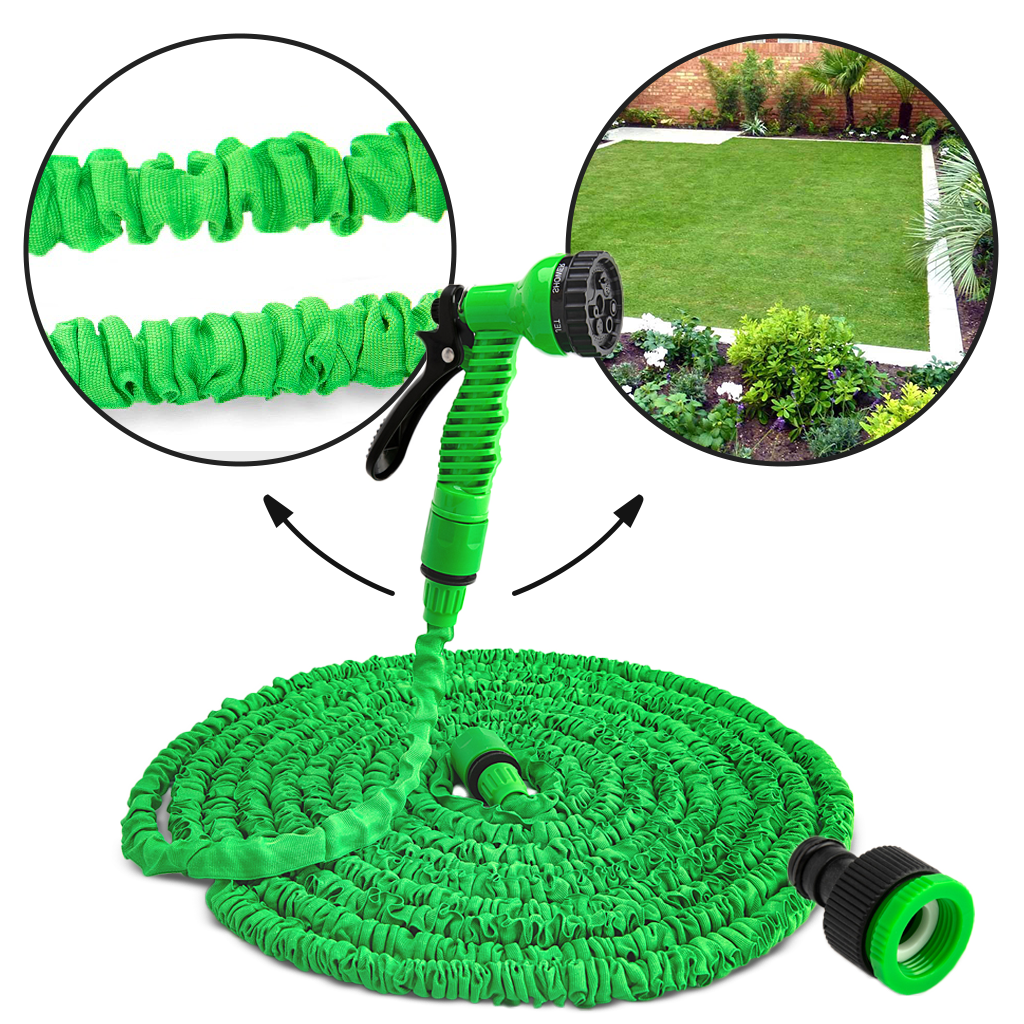 BricoLoco.com Manguera jardín espiral extensible 7,5 mts. con pistola riego  multifunción y adaptador conector a grifo 1/2” y 3/4”. Auto enrollable.  Para jardin, terraza, huerto (7,5 metros) : : Jardín