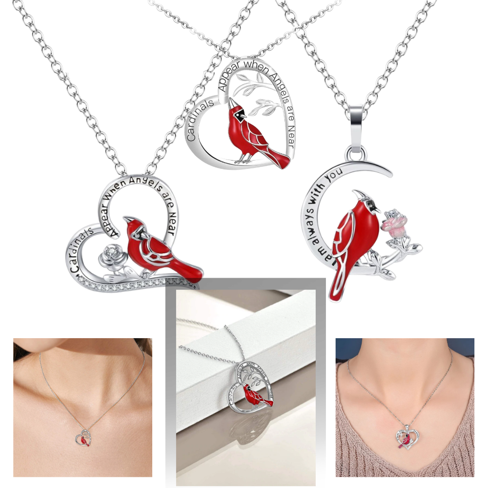 Cardinal Heart Pendant Necklace │ Red Bird Necklace │ Heart Jewellery - 