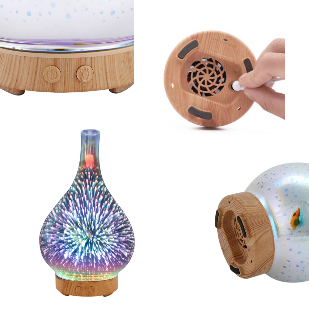 Diffuseur d'huiles essentielles motif feux d'artifice en forme de vase - Support en bois et interrupteur automatique - Ozerty
