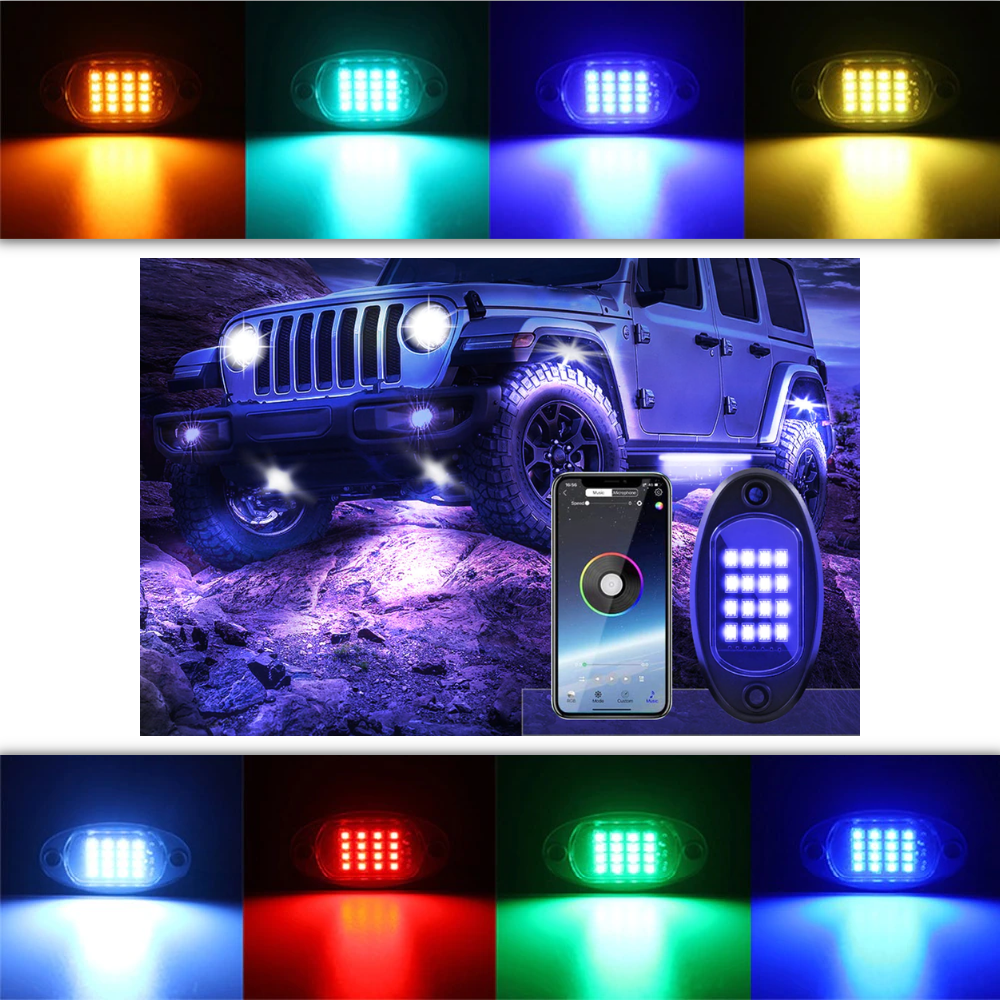 Paket med 8 RGB-lampor för fordon - App och fjärrkontroll - Ozerty