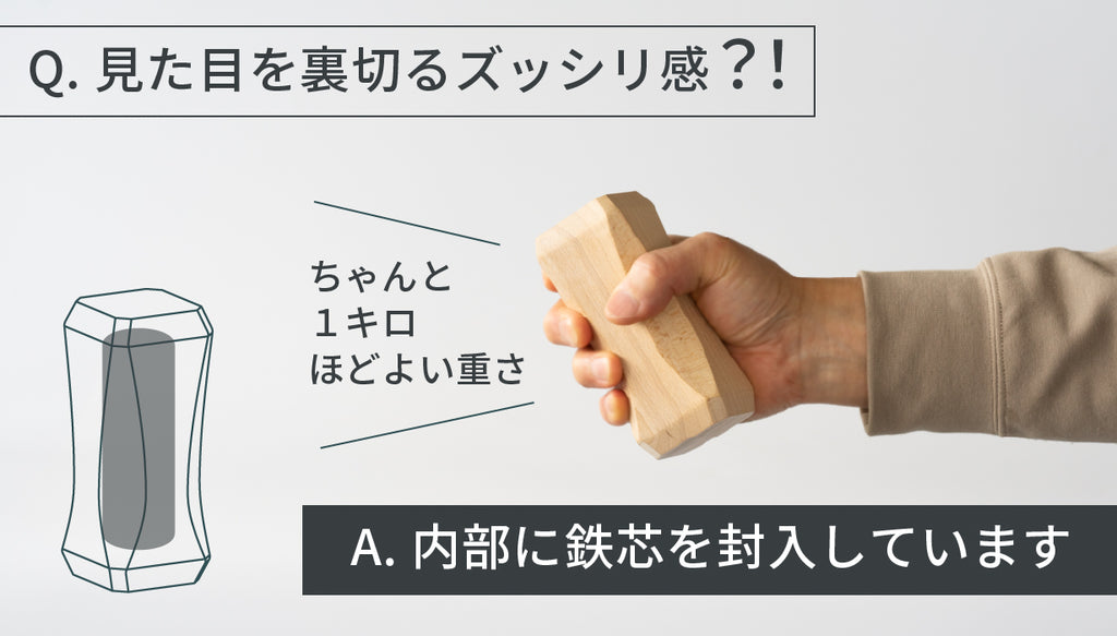 見た目を裏切るずっしり感の答えは、内部に封入された鉄心。木製なのにちゃんと1kgあります。