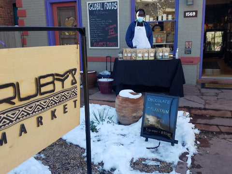 Bibamba chocolate sampling at Ruby's market on South Pearl Street in Denver, Colorado.