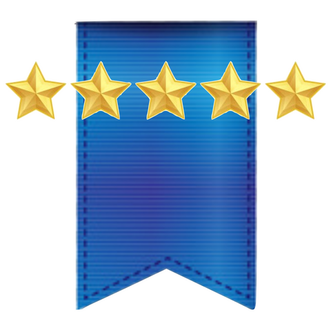 5 highly dimensional Gold Stars are shown over a royal blue grosgrain ribbon, denoting trust