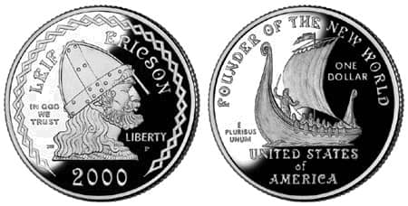 Un dólar a prueba de 'Leif Ericson' de los Estados Unidos, acuñado en 2000. Dice 'Fundador del Nuevo Mundo'