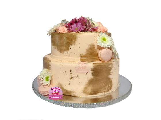 PASTEL ROSA CON DORADO Y FLORES – Pasteles Personalizados MX