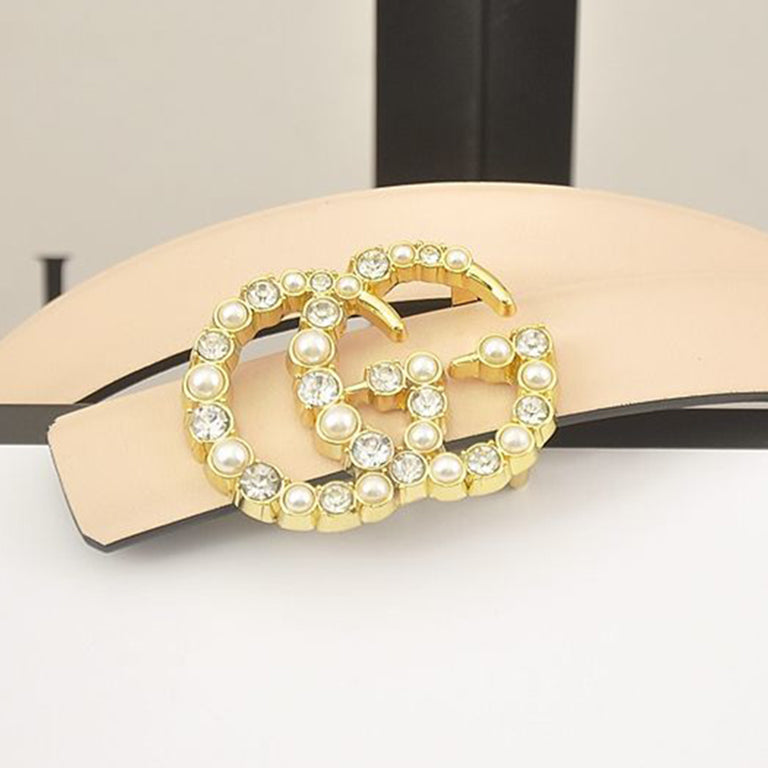 GG women's diamond-studded pearl double G smooth buckle belt