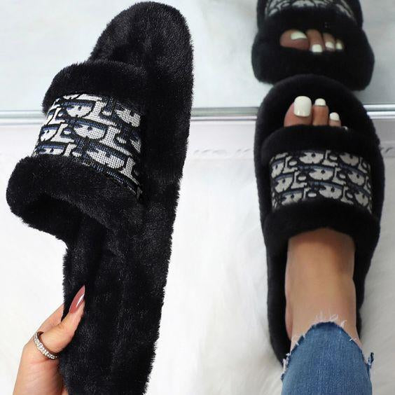 Dior hot new product plush embroidery letters ladies slippers sa