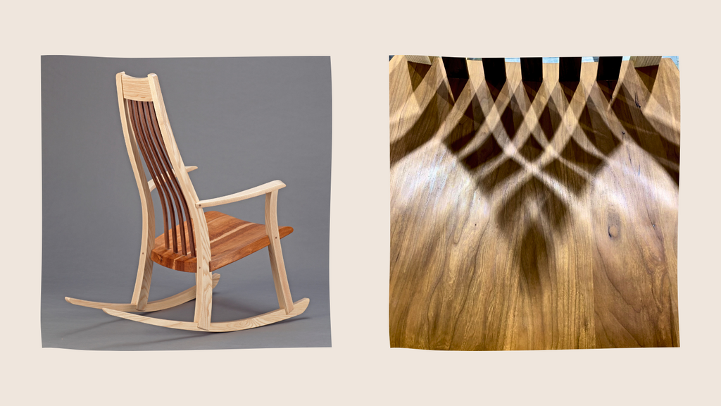 A pale background with two square images. The first shows a wooden rocking chair against a grey background. The second is a close up detail of shadows formed by the back of the chair.
