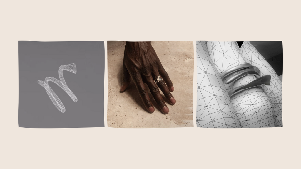 A pale background with three square photographs. The first shows a greyscale rendering of a form. The second shows a brown-skinned hand wearing a silver ring against sand. The third is a grey-scale rendering of the ring from the first image modelled on a sketched finger.