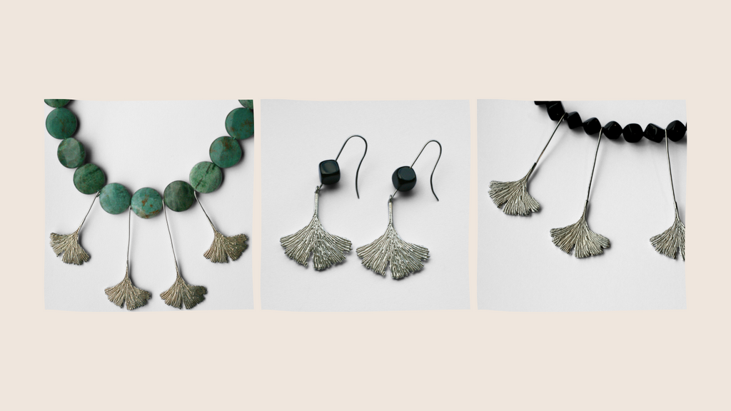 A pale background with three square pictures. The first is a necklace with green beads in a circle and four silver ginkgo leaves hanging down. The second is a pair of silver drop ginkgo leaf earrings with one chalcedony bead. The third shows a section of a necklace with two and a half silver ginkgo leaves hanging from black chalcedony beads.